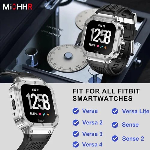 Vista 2 de MioHHR Funda y correa de acero inoxidable compatible con Fitbit Versa 4/3/2/Lite/Sense/Sense 2 bandas con funda de metal, resistente cubierta