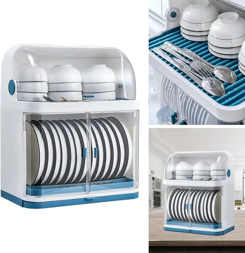 Vista 6 de Escurridor de platos de 2 niveles con cubierta de tapa, cubierta transparente contra el polvo para platos de cocina, vasos, bandeja para secar