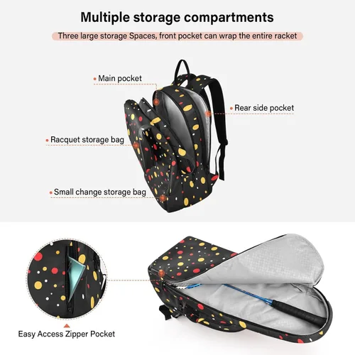 Vista 5 de Mujeres Hombres Bolsa de Tenis Impermeable Coloreado Dot Negro 3 Raquetas Bádminton Bolsa de Hombro para Mujeres, Hombres, Adolescentes Mochila
