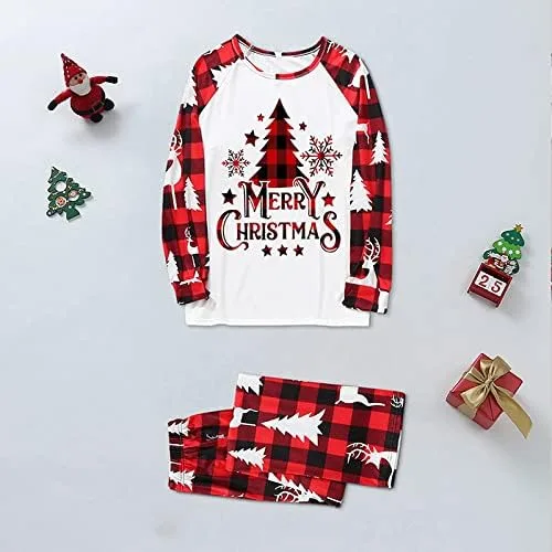 Vista 2 de ANGELGGH Pijamas de Navidad para la familia, conjunto de pijamas a juego, pijamas de Navidad de reno a cuadros rojos para mujeres, hombres y niños
