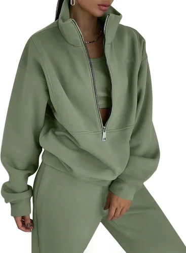 Vista 14 de PEHMEA Conjunto deportivo de 2 piezas de otoño para mujer, con forro polar, holgado, manga larga, media cremallera, cómodo conjunto de descanso