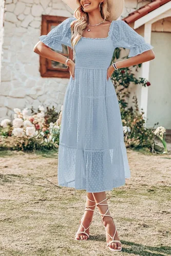 Vista 3 de MEROKEETY - Vestido de verano con lunares suizos para mujer vestido midi con cuello cuadrado, mangas abombadas, volados, lazo en la espalda