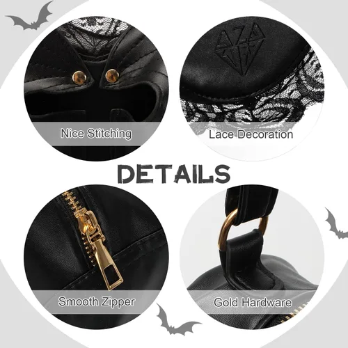 Vista 4 de Oweisong Bolso de Halloween para mujer, con alas de murciélago, gótico, color negro, mochila gótica, de cuero, con tela de araña, bolsa de hombro