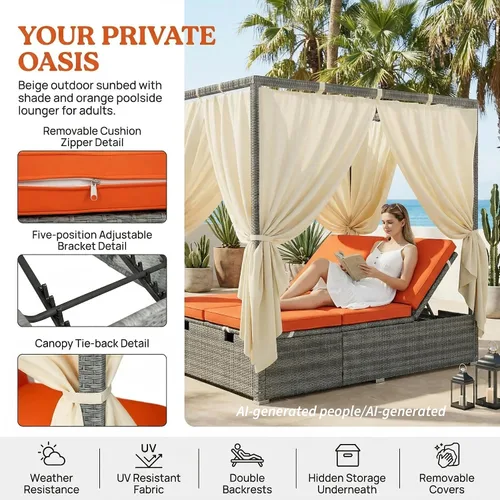 Vista 6 de Harper & Bright Designs Tumbona ajustable para exteriores con dosel, silla reclinable multiposición con cojín extraíble, tumbona de ratán resistente