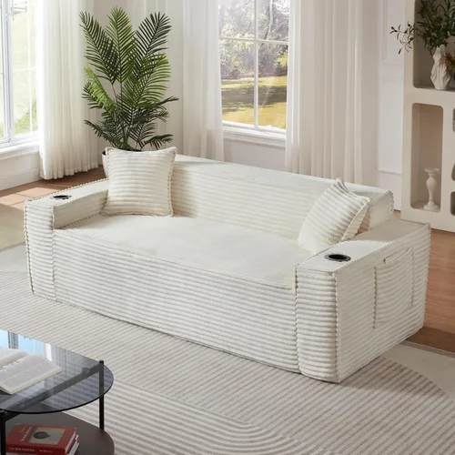 Vista 23 de Sofá sin hueso de 66.5 pulgadas con portavasos y bolsillos laterales, sofá biplaza tapizado de tela de pana moderna con 2 almohadas para sala