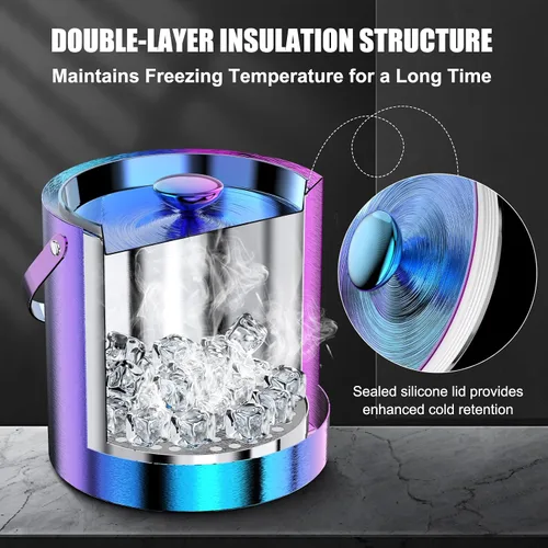 Vista 3 de IOV Cubo de hielo con tapa, cuchara, pinzas y colador, cubo de hielo aislado de doble pared de acero inoxidable de 3 L para fiestas, mantiene