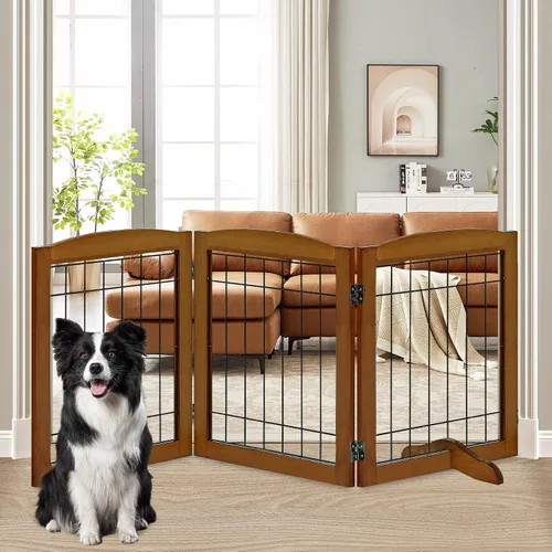 Vista 22 de LZRS Puerta plegable independiente de madera para perros de 2 paneles, madera maciza y alambre de acero, barrera para mascotas resistente a