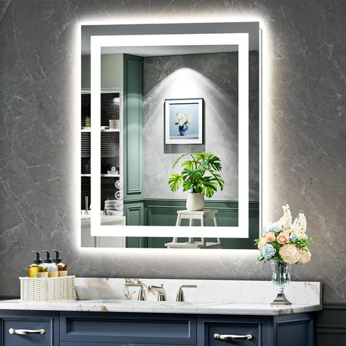 Vista 9 de Espejo de baño LED de 24x30 pulgadas con luces, espejo de tocador frontal y retroiluminado para pared de baño con 3 colores, regulable