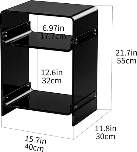 Vista 3 de Mesa de tocadiscos de acrílico con estante de almacenamiento, mesa auxiliar transparente mesita de noche (negro, mediano)