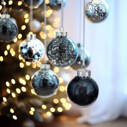 Vista 4 de 24 unidades - Adornos de bolas de Navidad colgantes de plástico transparente inastillable con bolas delicadas decorativas (2.36"/60mm, negro)