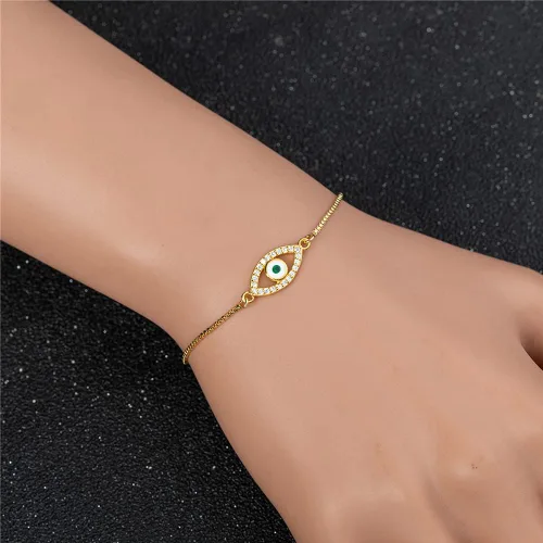 Vista 4 de Pulsera delicada chapada en oro real de 14 quilates para mujeres y hombres eslabones de cadena de oro ajustable con eslabones de ojo malvado Hamsa
