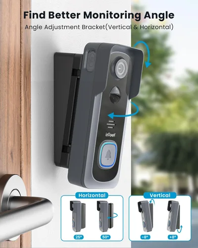 Vista 2 de ieGeek - Cámara de timbre inalámbrica de 2K sin suscripción con ángulo ajustable de 145°, timbre de video inteligente con timbre, detección