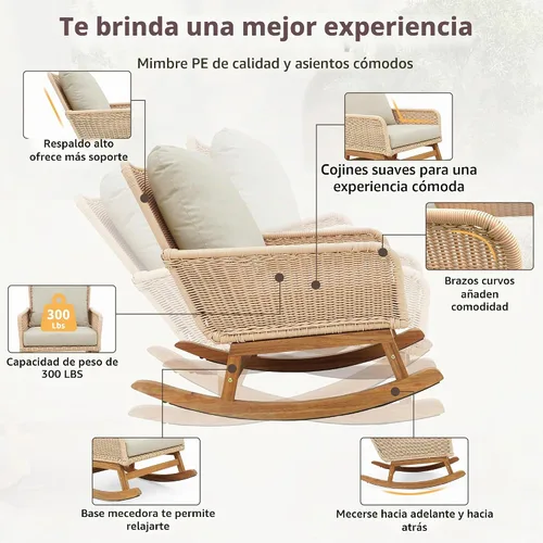 Vista 4 de Christopher Knight Home Nadine Mecedora de Patio, Mecedora de Mimbre, Mecedora de Patas de Madera, Silla de Mimbre de Ratán PE, Mecedora con Beige