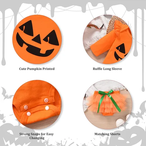 Vista 2 de fioukiay Conjunto de ropa de Halloween para niñas recién nacidas, conjunto de 4 piezas, mameluco y pantalones cortos
