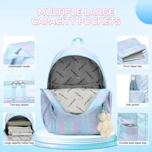 Vista 5 de Mochila para niños, mochila escolar clásica para niñas y niños, ligera, dos tamaños, multibolsillo, azul aguamarina