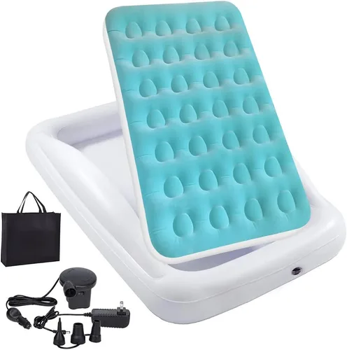 Vista 11 de Cama de viaje inflable para niños Fahuac, juego de colchón de aire para niños pequeños, cama hinchable portátil con barandillas y bomba eléctrica