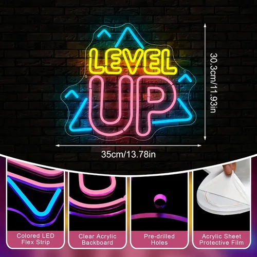 Vista 4 de Decoración de sala de juegos, letrero de neón de nivel superior para decoración de pared, accesorios de juegos, letrero LED regulable