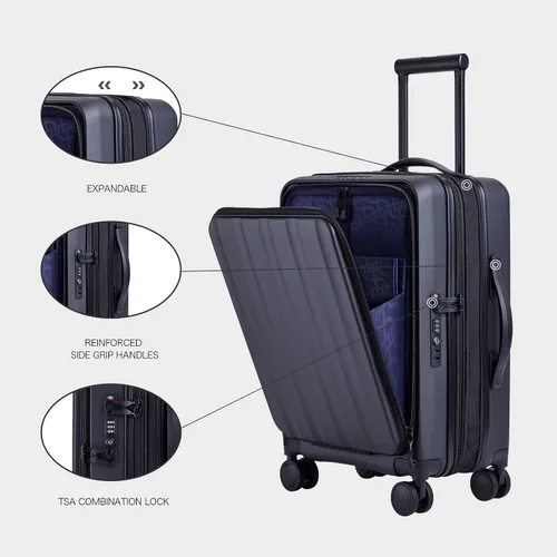 Vista 2 de Verage Greenwich EXT equipaje de mano, maleta rígida con ruedas giratorias con bolsillo frontal para viajes, aprobado por la TSA, Negro -, Recyle