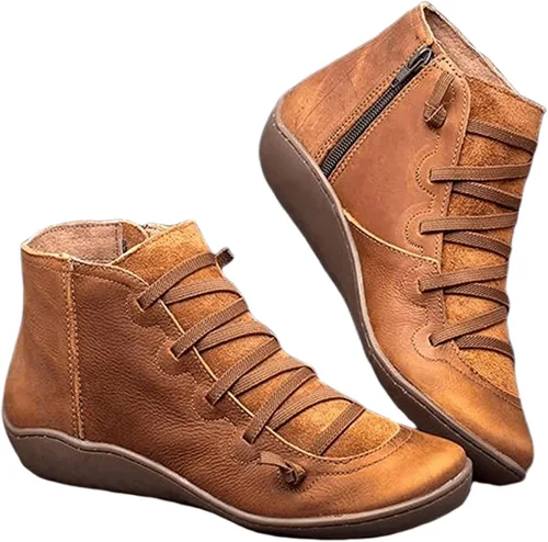 Vista 40 de Ladmiple Botas de tobillo para mujer, sin tacón, casual, con cremallera lateral, botas cortas vaqueras occidentales, zapatos para caminar