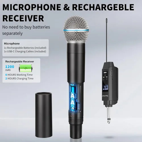 Vista 3 de Depusheng Micrófono inalámbrico, sistema profesional de micrófono dinámico inalámbrico de mano dual con receptor recargable (160 pies), juego
