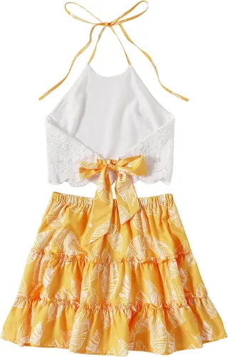 Vista 2 de LYANER Conjunto de 2 piezas para mujer, conjunto de blusa corta con encaje halter y minifalda floral