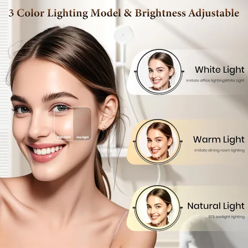 Vista 4 de Espejo de maquillaje iluminado grande de 9 pulgadas, espejo de aumento recargable de 5000 mAh con 3 luces de color regulables al tacto, brazo