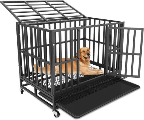 Vista 9 de Jaula para perros grandes, resistente e indestructible y a prueba de escapes, de 38 pulgadas, con bandejas de alambre y ruedas extraíbles, extra
