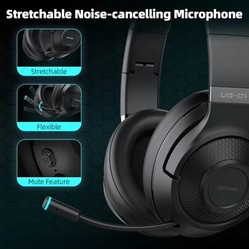 Vista 4 de Auriculares inalámbricos para juegos de 2.4 GHz para PC, PS5, PS4, MacBook, con micrófono, auriculares Bluetooth para juegos para teléfono celular