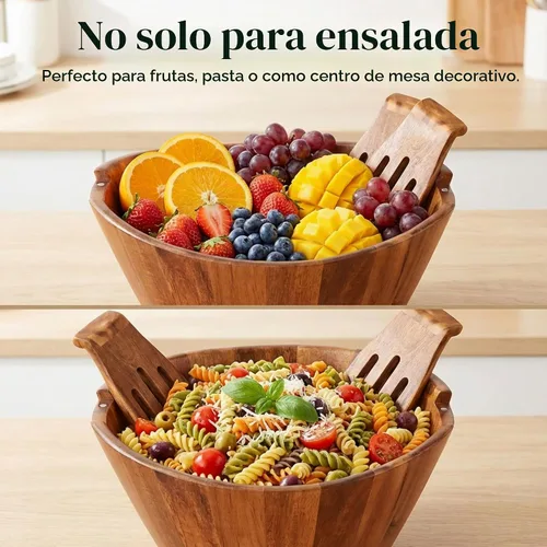 Vista 6 de Night Tree Ensaladera grande de madera con tenedores para servir, juego de ensaladera de madera para alimentos o frutas, utensilios magnéticos aptos