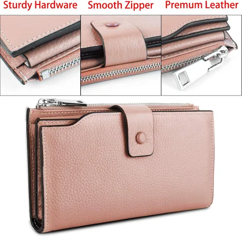 Vista 5 de YALUXE Cartera de piel auténtica para mujer, con bloqueo RFID, tarjetero múltiple con bolsillo para teléfono celular