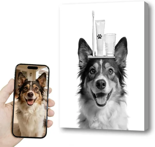 Vista 11 de kvtiwee retrato personalizado de mascota a partir de foto, arte de pared en lienzo de gato en el inodoro, arte de baño divertido en blanco y negro