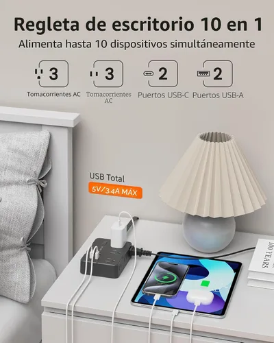 Vista 2 de DEPOW Regleta protectora de sobretensiones, cable de extensión de 3 pies con 6 salidas de CA, 4 puertos USB, protección contra sobretensiones 1050J