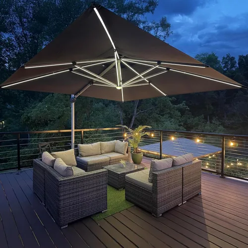 Vista 69 de PURPLE LEAF Sombrilla de patio de 9 x 12 pies con luces, sombrilla rectangular voladiza para exteriores, funciona con energía solar, LED