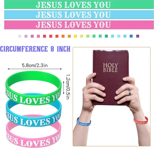 Vista 3 de Lewtemi 100 pulseras cristianas de silicona a granel, pulseras cristianas de goma coloridas, pulseras de goma motivacionales para hombres y mujeres