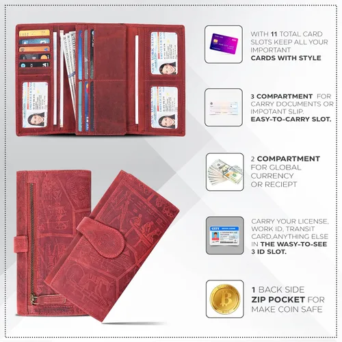 Vista 2 de Cartera de piel auténtica para mujer con bloqueo RFID, tarjetero triple para mujer, con ventana de identificación