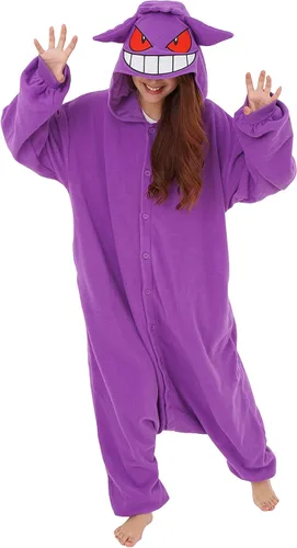 Vista 2 de SAZAC Gengar Kigurumi - Mameluco premium de Pokémon para adultos, disfraz de Halloween lujoso para adultos, ropa de descanso lavable a máquina