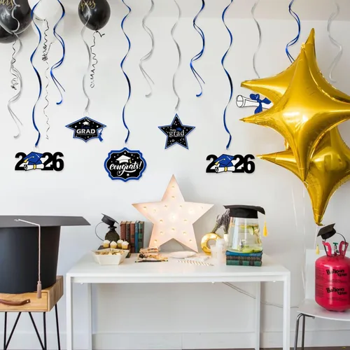 Vista 5 de LINGTEER Congrats Grad, Class of 2026 Swirls Streamers – 12 piezas para la escuela/hogar 2026 decoración de graduación espirales de graduación – Azul
