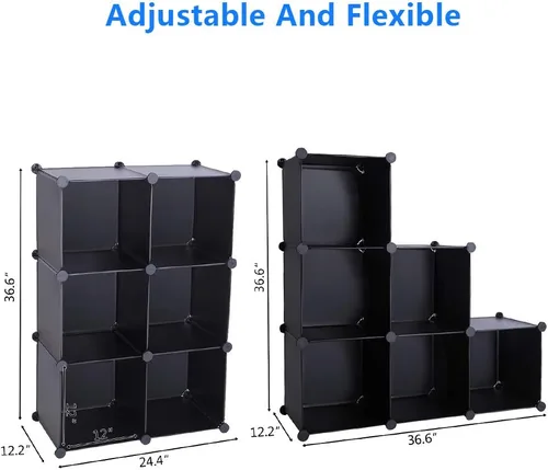 Vista 4 de Organizador de armario de almacenamiento de 6 cubos, portátil, multifuncional, ensamblado, cubos negros, estantería, estantería (negro)