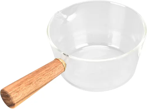 Vista 2 de Sartén para leche, olla de leche de vidrio con mango de madera antiadherente, con boquilla en forma de V, cacerola para cocinar, accesorios