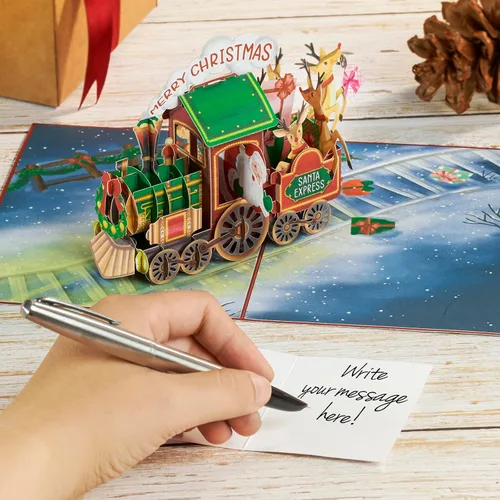 Vista 5 de POPWOW Tarjetas desplegables de tren de Navidad, Papá Noel, reno, tarjeta de felicitación de Navidad 3D, hermoso regalo para niños, marido, esposa