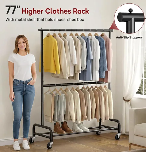 Vista 5 de SLEEPING LAMB Perchero de doble varilla resistente para colgar ropa, perchero enrollable de metal con ruedas para colgar ropa, estante de Negro