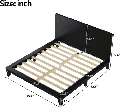 Vista 2 de JIVOIT Base de cama de plataforma de tamaño matrimonial con cabecero, cama de plataforma de madera estilo retro con patas de madera maciza Negro