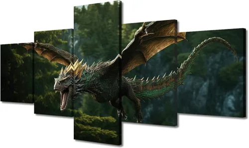 Vista 42 de Lienzo decorativo para pared de sala de estar, lienzo de dragón, 5 paneles, dragón verde, decoración de pared para el hogar, decoración de pared