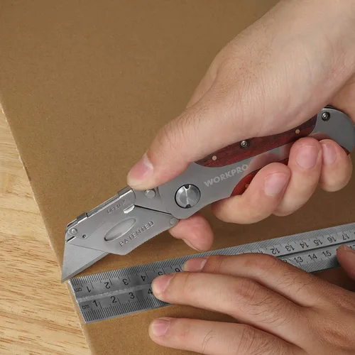 Vista 7 de WORKPRO - Cuchillo de uso de cambio rápido, mango de madera estilo retro, cuchillo plegable con clip