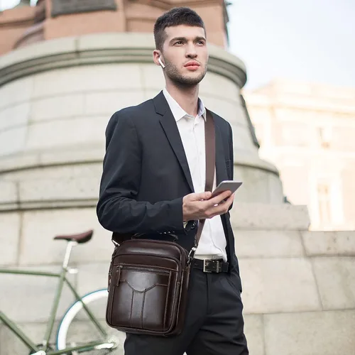 Vista 7 de BAIGIO Bolso bandolera de cuero genuino para hombre, bolso de mensajero pequeño para hombre, bolso de cuero para regalo de padre