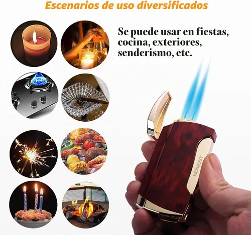 Vista 4 de Encendedor de metal con llama de doble chorro de butano, encendedor recargable sin gas (2 unidades, marrón)