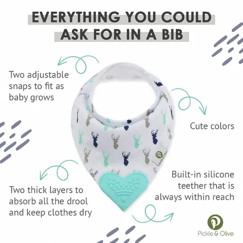 Vista 3 de Pickle & Olive Baberos de dentición bandana para bebé con mordedor de silicona adjunto, juego de 4 - ciervo azul
