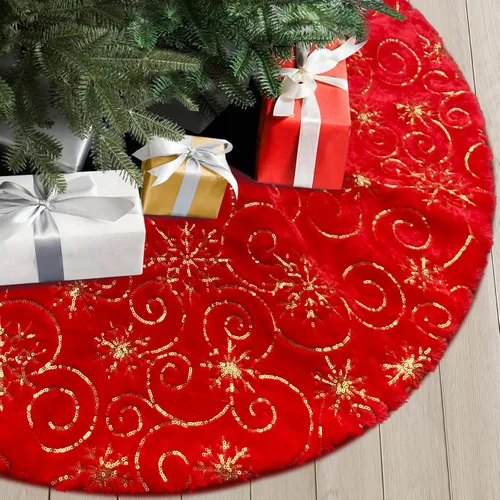 Vista 14 de Faldones de Felpa para Árbol de Navidad, 24 pulgadas, Lujosa Cubierta de Base de Árbol de Navidad de Piel Sintética Negra con Copos de Nieve Dorados