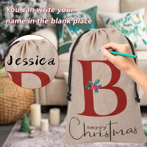 Vista 4 de Subyan Bolsa de regalo de Navidad de arpillera de 27 x 23 pulgadas, extra grande, reutilizable, personalizada, con monograma, con cordón