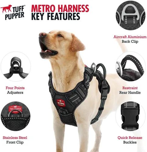 Vista 5 de Tuff Pupper Arnés para perro sin tirones, chaleco resistente para mascotas, clips para correa delantera y trasera, mango de seguridad fuerte